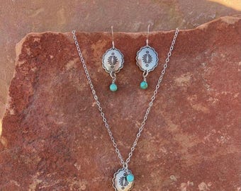 Southwest Sterling Silver Turquoise Concho Necklace & Earring Set - Handmade Cowgirl Jewelry Gift Set
