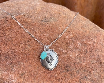 Turquoise Concho Pendant Paperclip Chain Necklace - Dainty Handmade Southwestern Sterling Silver Cowgirl Jewelry