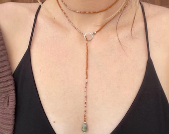 Boho Beaded Turquoise Lariat Necklace - Mustard | Earthy Handmade Artisan Jewelry