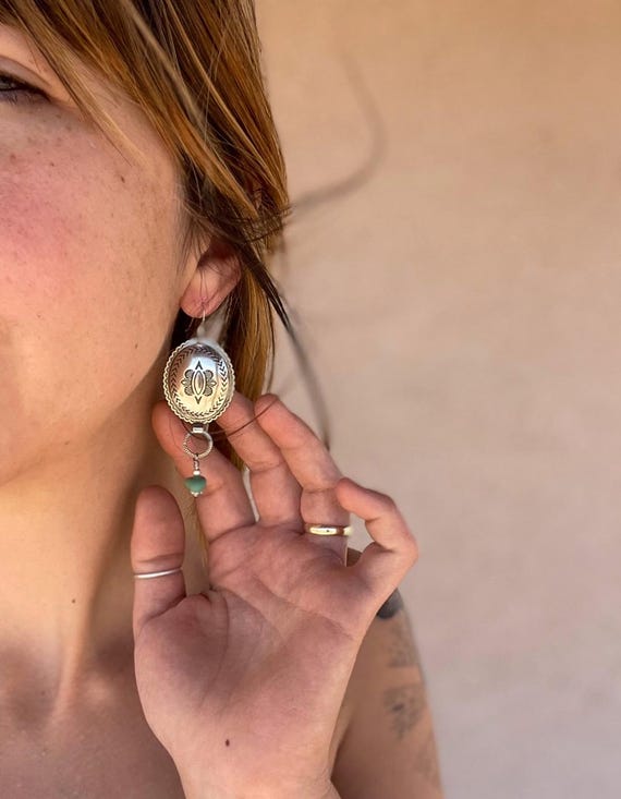 Turquoise Stamped Concho Earrings - Handmade Sterling Silver Southwest Cowgirl Jewelry