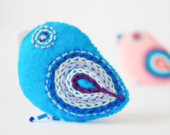 Hand-Stitched Bird Brooch Set: Bluebird & Pink Warbler Ornament