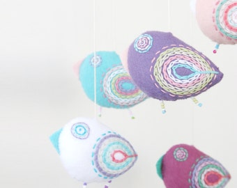 Handmade Pastel Bird Mobile: Embroidered Nursery Decor