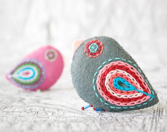 Purple Finch and Grey Chickadee Ornament - Embroidered Christmas Ornament - Bird Windowsill Decor - Made in Ukraine - Small Gift for Friend