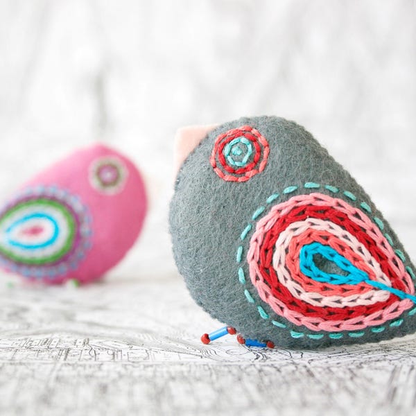 Purple Finch and Grey Chickadee Ornament - Embroidered Christmas Ornament - Bird Windowsill Decor - Made in Ukraine - Small Gift for Friend