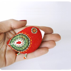Felt Christmas Ornament. Red embroidered bird ornament. Decorations for the tree. Felt Christmas bird pin. Small gift for teacher. image 1