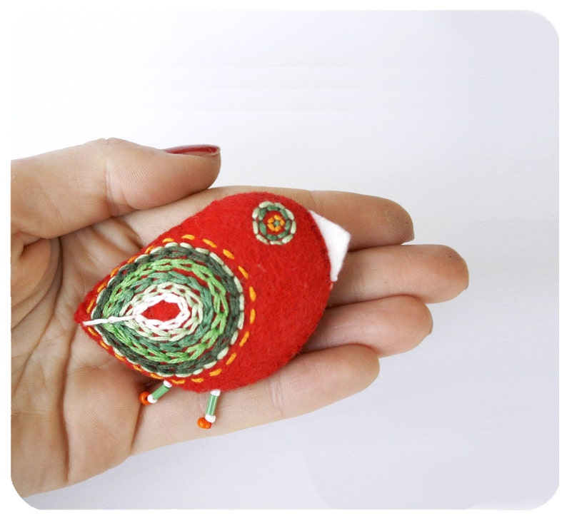 Felt Christmas Ornament. Red embroidered bird ornament. Decorations for the tree. Felt Christmas bird pin. Small gift for teacher. image 1