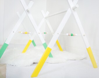 Mint & Yellow Wooden Play Gym Frame: Foldable Montessori Toy