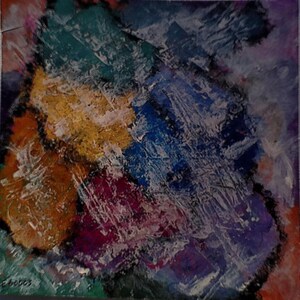 K&ouml;nnte beinhalten: Abstraktes Gem&auml;lde mit strukturierter Oberfl&auml;che. Das Kunstwerk zeigt eine Mischung aus Farben, darunter Blau, Gelb, Orange und Lila, die mit sichtbaren Pinselstrichen aufgetragen wurden. Das Gem&auml;lde hat ein quadratisches Format und eine moderne &Auml;sthetik.