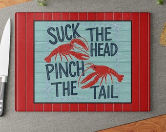 Tabla de cortar de vidrio templado con diseño de cangrejos de río hervidos: decoración para fiestas de mariscos (28 x 38 cm)