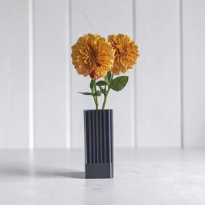 Könnte beinhalten: Eine dunkelgraue, rechteckige Vase mit vertikalen Rillen enthält zwei leuchtend orange und gelbe Dahlienblüten mit grünen Stielen und Blättern. Die Vase hat einen glatten, massiven Boden und einen strukturierten oberen Teil für ein klares Design.