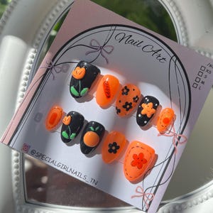 Vibrant Spring | 3D Design Custom Press-on Nail | Orange Color | Handmade Art