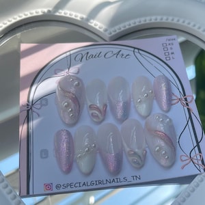 Handgefertigte Perlen Press-On Nägel: 3D Design, holographische Wirbel