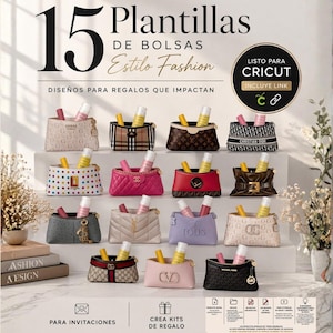 Puede incluir: Una imagen que muestra 15 bolsos pequeños, cada uno con brillo labial. Los bolsos presentan varios diseños y logotipos, incluidos Guess, Chanel y Dior. El texto en la parte superior dice "15 Plantillas de Bolsas Estilo Fashion".