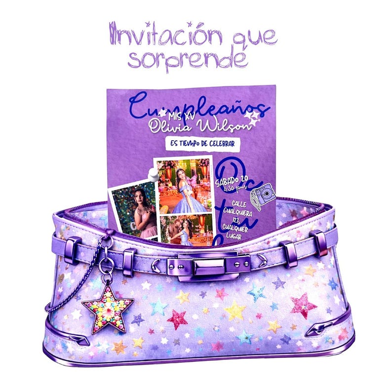 May include: A purple purse with a star pattern holds a birthday invitation. The invitation features photos, text that reads "Cumplea&ntilde;os Olivia Wilson", and the words "Es Tiempo De Celebrar". A star-shaped charm hangs from the purse.