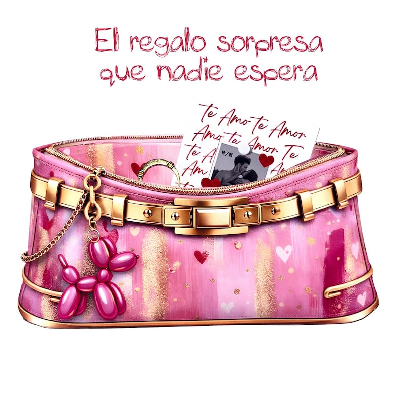 May include: A pink handbag with gold accents, a gold chain, and a pink balloon dog charm. Inside the bag are cards with the text "Te Amo Te Amor" and a photo of a couple. The bag has a gold clasp and is decorated with hearts.