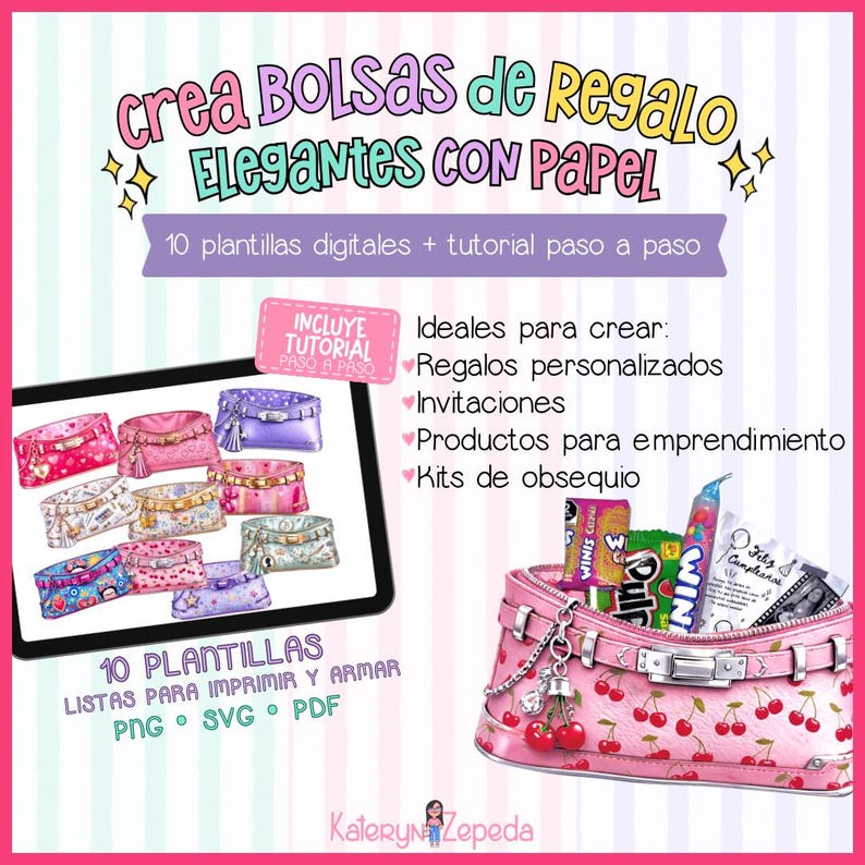 May include: A digital design advertisement for creating elegant gift bags with paper. The image features a tablet displaying various gift bag designs, a pink gift bag filled with treats, and text in Spanish. The text includes "10 digital templates + step-by-step tutorial."