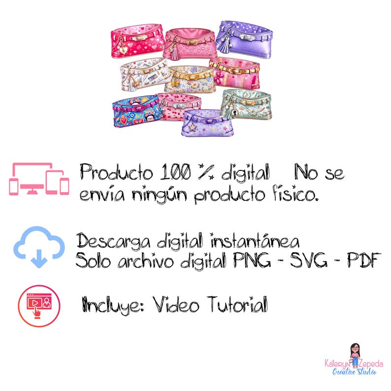May include: A collection of colorful, illustrated purses in various designs, including pink, purple, and blue. The image includes text stating the product is 100% digital and available for instant download in PNG, SVG, and PDF formats, with a video tutorial.