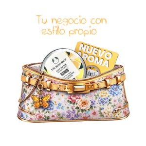 May include: A floral-patterned handbag with gold accents, holding a jar of The Body Shop Mango Body Butter and a yellow card that says "Nuevo Aroma". A gold butterfly charm hangs from the bag. The text "Tu negocio con estilo propio" is at the top.