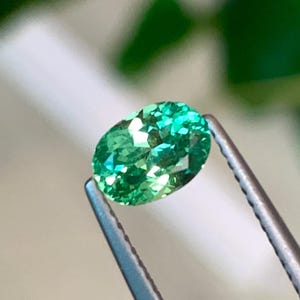 May include: An oval-cut, vibrant green gemstone is held by a pair of silver tweezers. The gem has multiple facets that reflect light, creating a sparkling effect. The background is blurred, with hints of green and white.