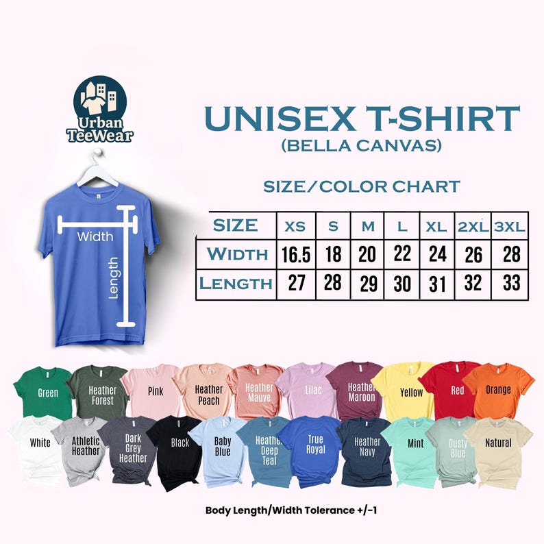 May include: A blue unisex t-shirt from Bella Canvas, with a size and colour chart. The chart shows the width and length measurements in inches for sizes XS to 3XL. The image also displays a variety of t-shirt colours.