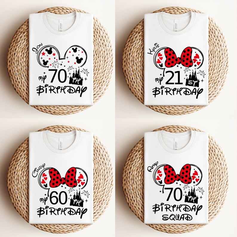 Puede incluir: Cuatro camisetas blancas con dise&ntilde;os de cumplea&ntilde;os. Cada camiseta presenta un dise&ntilde;o inspirado en Mickey Mouse con un nombre, edad y las palabras "my birthday". Los dise&ntilde;os incluyen un lazo rojo, corazones y fuegos artificiales.