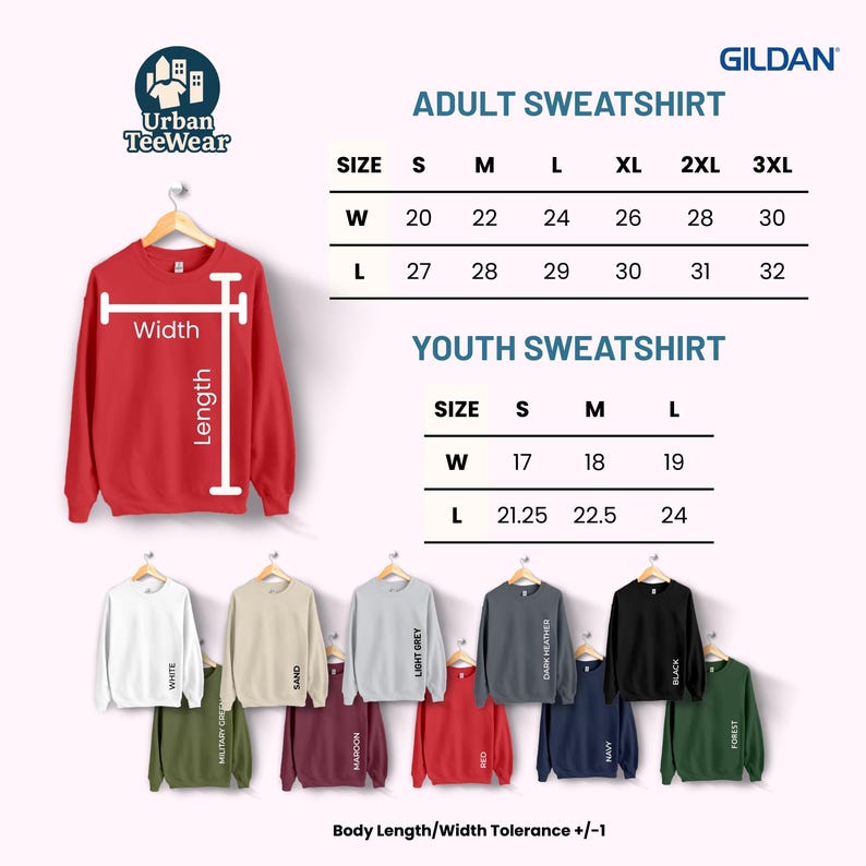 May include: A red Gildan adult sweatshirt with size and colour options. The image shows a size chart for adult and youth sweatshirts, with measurements in inches. Various colours are displayed, including white, black, and navy.