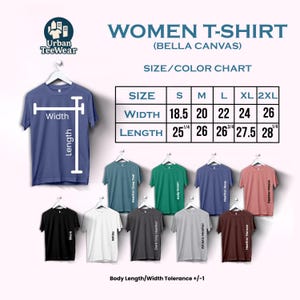 May include: A selection of women's t-shirts in various colours, such as black, white, and grey. The image includes a size and colour chart with measurements in inches. The shirts are displayed on hangers, showcasing the available colours and sizes.