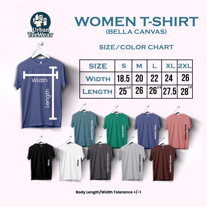May include: A selection of women's t-shirts in various colours, such as black, white, and grey. The image includes a size and colour chart with measurements in inches. The shirts are displayed on hangers, showcasing the available colours and sizes.