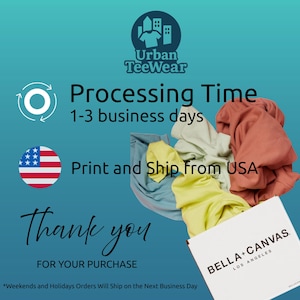 Puede incluir: Un fondo turquesa con el logotipo de Urban TeeWear y texto. El texto incluye "Processing Time 1-3 business days" y "Print and Ship from USA". Se ve una pila de camisas dobladas de varios colores, junto con una caja de Bella+Canvas.