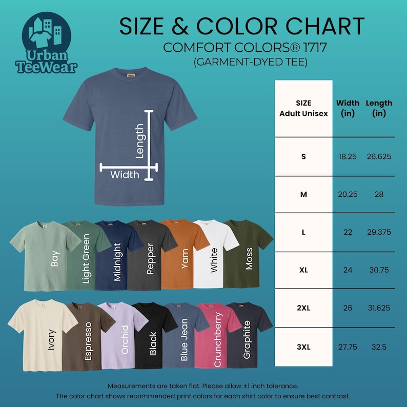 May include: A size and color chart for Comfort Colors 1717 garment-dyed tees. The chart displays a blue t-shirt with width and length measurements. It includes a color palette of 15 colors and a size chart with measurements in inches.