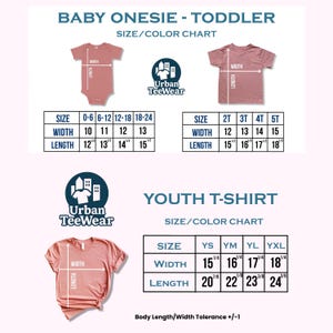 May include: A size chart for baby onesies, toddler t-shirts, and youth t-shirts. The chart includes measurements for width and length in inches, along with size ranges from 0-6 months to YXL. The Urban TeeWear logo is also visible.