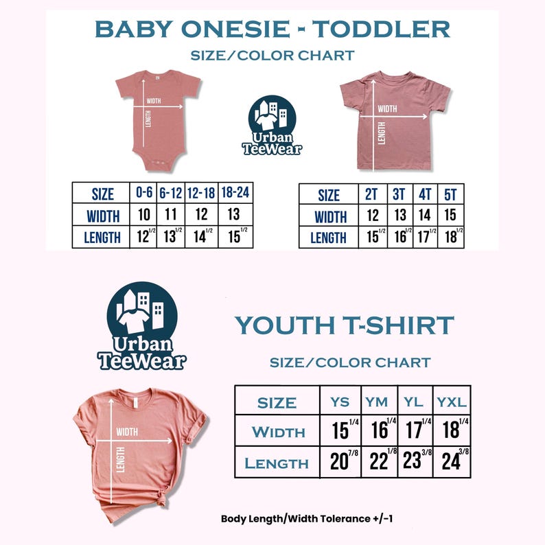 May include: A size chart for baby onesies, toddler t-shirts, and youth t-shirts. The chart includes measurements for width and length in inches, along with size ranges from 0-6 months to YXL. The Urban TeeWear logo is also visible.