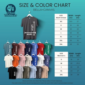 May include: A size and color chart for Bella+Canvas t-shirts, featuring a variety of colors like navy, red, and green. The chart includes measurements for adult unisex and women's sizes, with widths ranging from 16.5 to 28 inches and lengths from 25 to 33 inches.