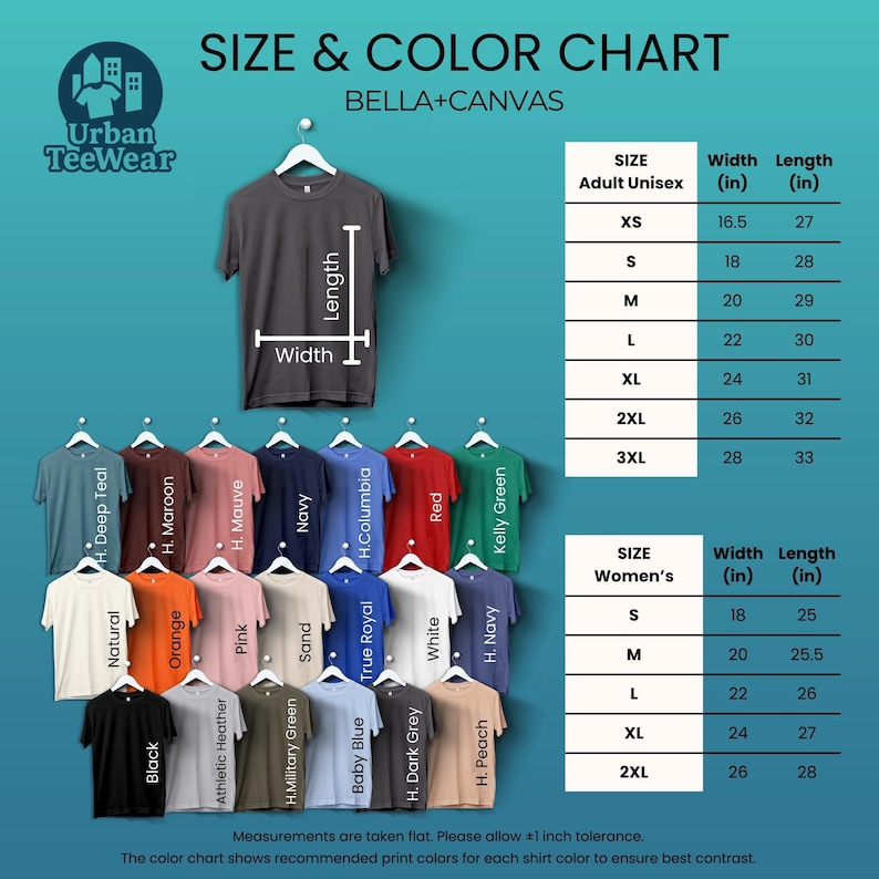 May include: A size and color chart for Bella+Canvas t-shirts, featuring a variety of colors like navy, red, and green. The chart includes measurements for adult unisex and women's sizes, with widths ranging from 16.5 to 28 inches and lengths from 25 to 33 inches.