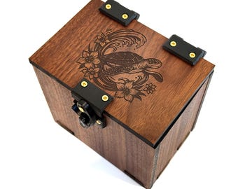 Handmade Walnut MTG Deck Box: 100+ Sleeved Cards, Dice Tray, Turtle Theme