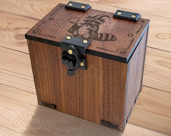 Wood MTG Deck Box, Wizard Raccoon