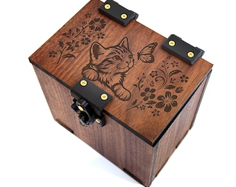 Walnut Wood TCG Deck Box: Cats Theme, Dice Tray - Handmade Trading Card Box