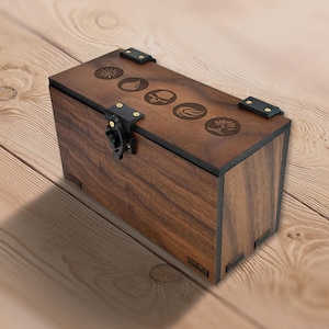 MTG Multi Deck Box: 300+ Sleeved Cards, Walnut Wood Handmade, Magic The Gathering Mana Theme (No AI)