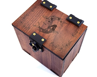 Handmade Walnut MTG Deck Box: 100+ Cards, Dice Tray, Koi Fish Theme B
