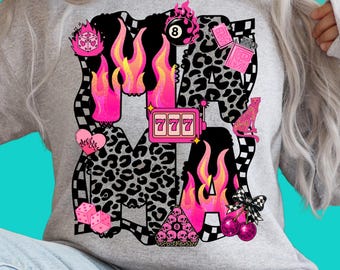 Western Retro neon mama PNG digital download cheetah print checkered flames neon pink