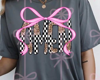 Amen checkered/cheetah print pink bow PNG digital download