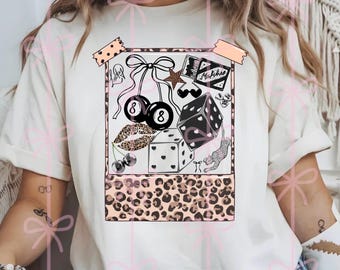 Lucky Girl PNG | Retro Casino Collage Graphic | Leopard Print Dice 8 Ball Design | Trendy Boutique Shirt PNG | Transparent 300 DPI