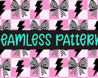 Pink Checkered Bow Seamless Pattern PNG, Lightning Bolt Coquette Digital Paper, Trendy Girly Background, Sublimation & Fabric Design