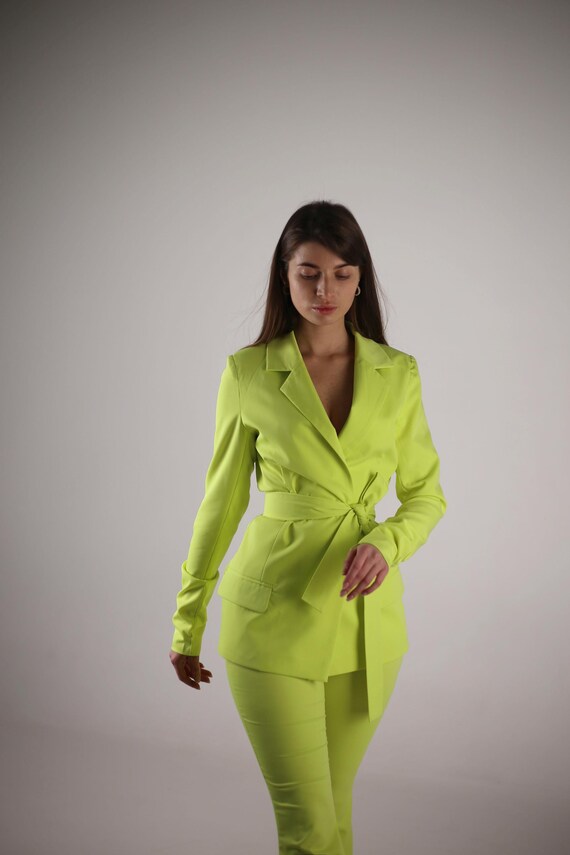 Conjunto de traje amarillo neón para mujer: blazer y pantalón