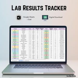 May include: A laptop screen displays a Lab Results Tracker spreadsheet with columns for category, test name, result, unit, reference ranges, status, and provider. Icons for Google Sheets, Excel, and digital download are visible above the screen.