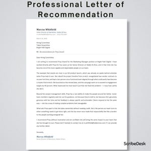 May include: A professional letter of recommendation document printed on white paper with black text. The header reads Professional Letter of Recommendation. The letter is signed by Marcus Whitfield, Senior Director of Operations at Halden & Ross.