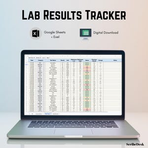 May include: A digital Lab Results Tracker displayed on a laptop screen, featuring a spreadsheet with columns for date, category, test name, result, unit, reference ranges, status, and change. Includes icons for Google Sheets, Excel, and digital download.