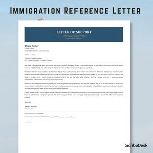 Op de afbeelding: Een wit document getiteld IMMIGRATION REFERENCE LETTER met een donkerblauwe koptekst met de tekst LETTER OF SUPPORT Character Reference. De tekst bevat een voorbeeldbrief van Diane Foster over Miguel Torres, inclusief een notarissectie.