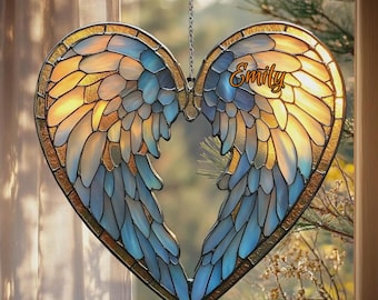 Apanhador de sol e ornamento em forma de coração de asa de anjo em acrílico, vitral falso, presente espiritual para janela