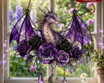 Atrapasueños acrílico con forma de dragón personalizado, colgante de ventana con dragón morado personalizado, decoración estilo vidriera gótica fantástica.